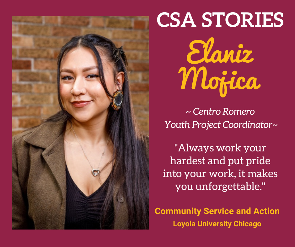 CSA Story Header for Elaniz Mojica; a headshot image on a maroon and gold background